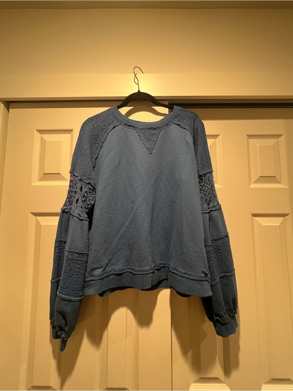 Anthropology Blue Crochet Sleeve Pullover Sweatshirt